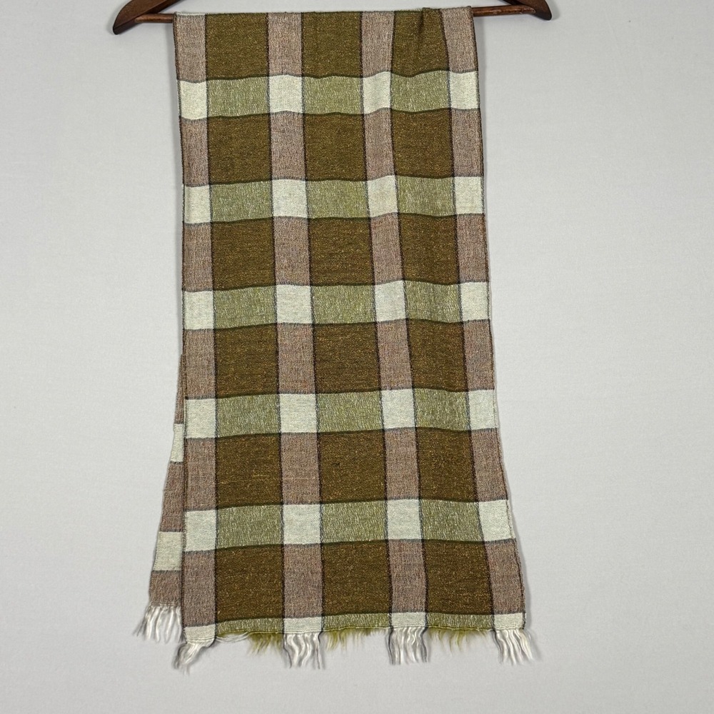 Chalet Boucle Scarf Unisex OS Brown Green Plaid Vintage Excellent 60s 70s Fringe